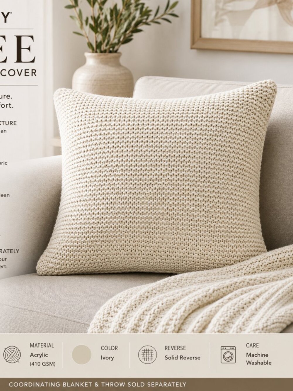 INK+IVY Bree Knit Square Throw Pillow Cover, Ivory